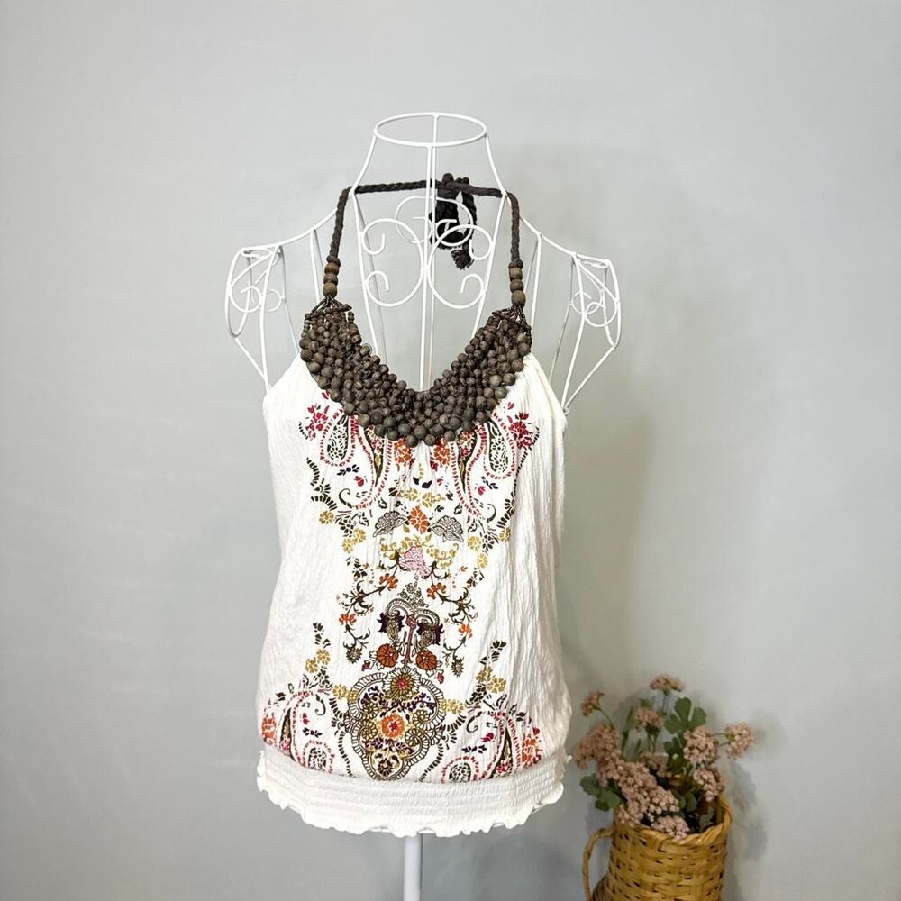 Vintage y2k white boho paisley floral halter top with wood beaded neckline